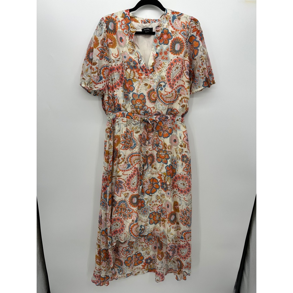 MSK Floral Paisley High-Low Midi Dress Orange Blue V-Neck Short Sleeve Sz L